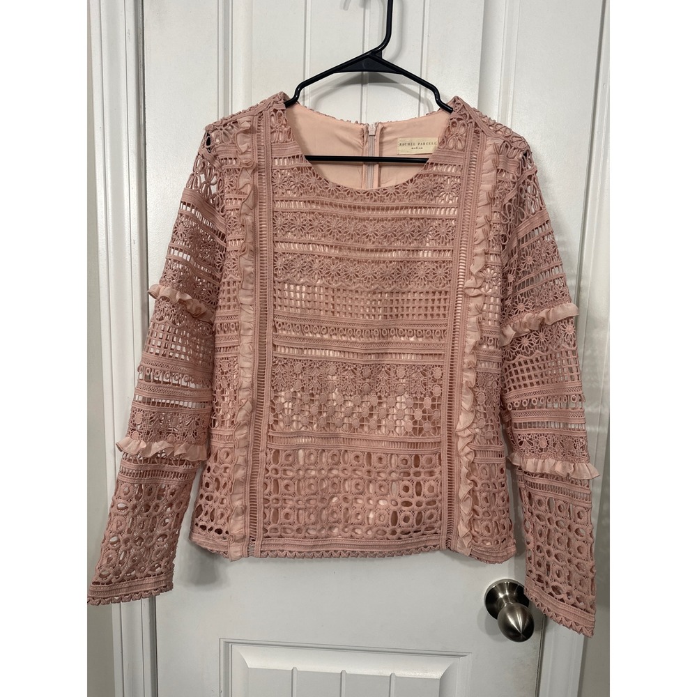 Rachel Parcell Womens Blush Pink Lace Ruffle Long Sleeve Blouse Top Medium